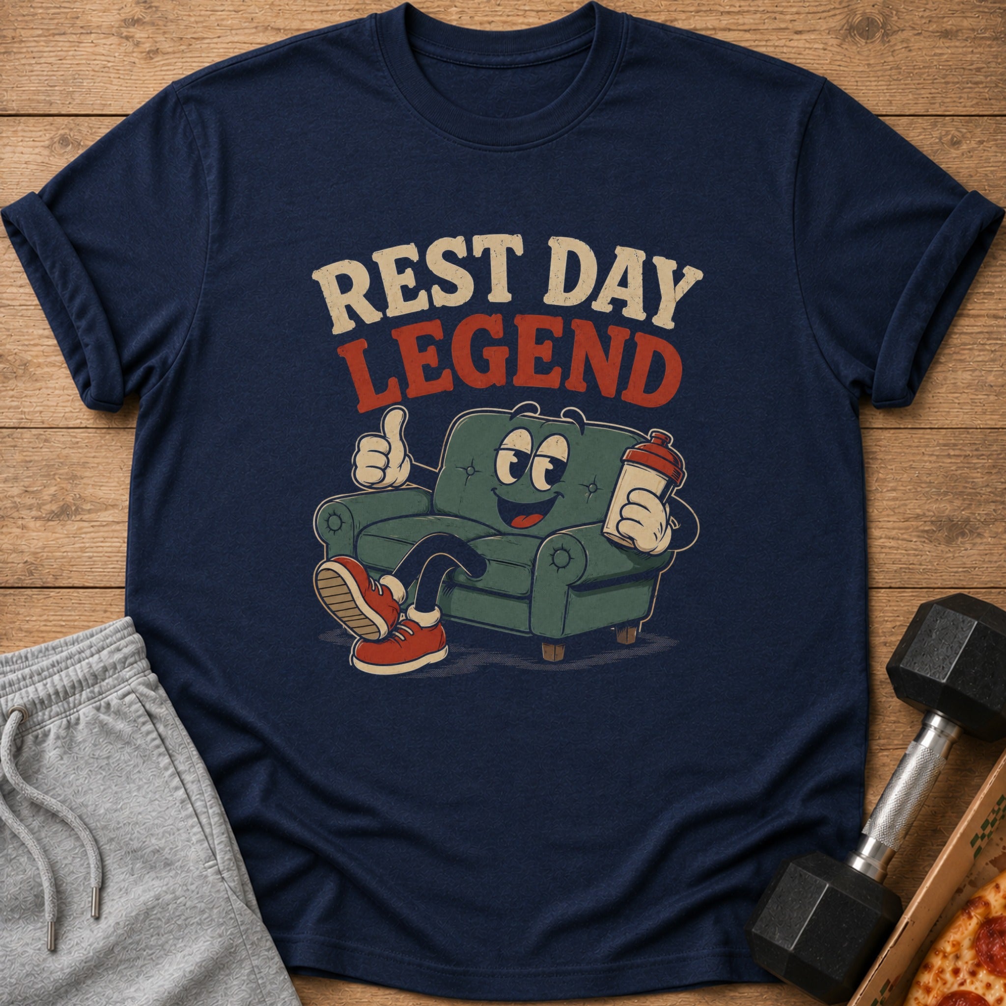 Dark blue t-shirt with "Rest Day Legend" text and cartoon couch character.