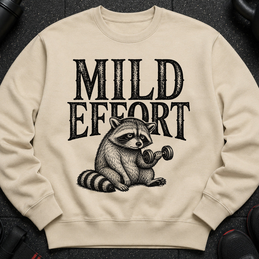 Crewneck sweatshirt with raccoon lifting dumbbell and the text "Mild Effort".