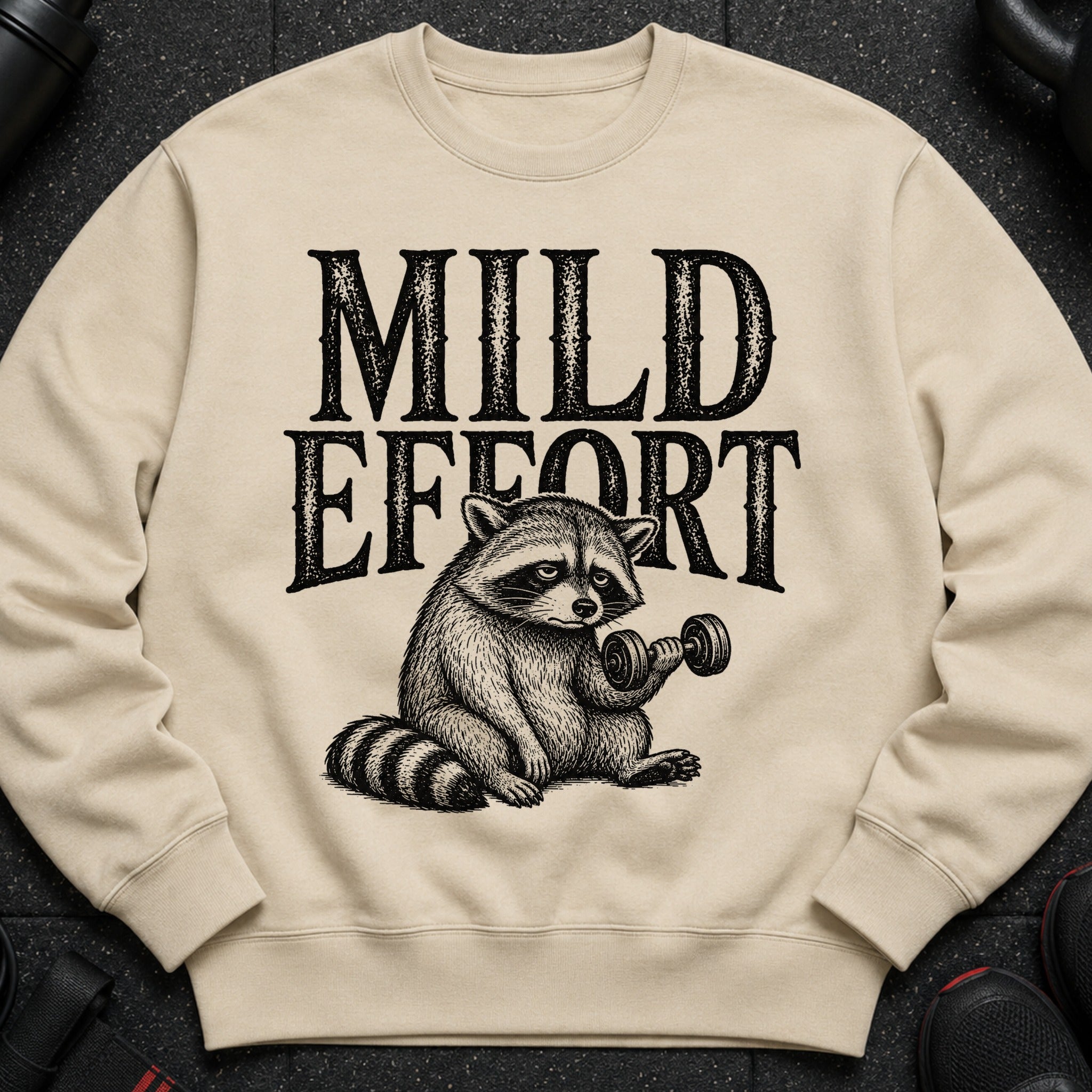 Crewneck sweatshirt with raccoon lifting dumbbell and the text "Mild Effort".