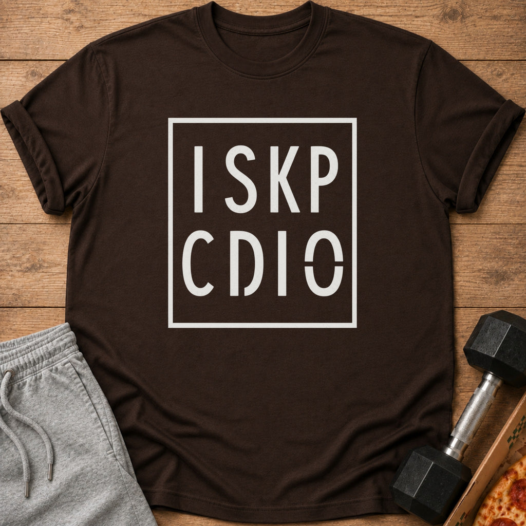 Brown t-shirt with white text "ISKP CDIO" inside a box.