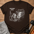 Hamster on treadmill with "Marathons? Maybe." text and a finish line.