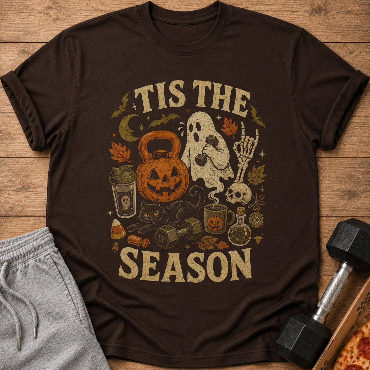 Brown t-shirt with Halloween fitness graphic and text "TIS THE SEASON".