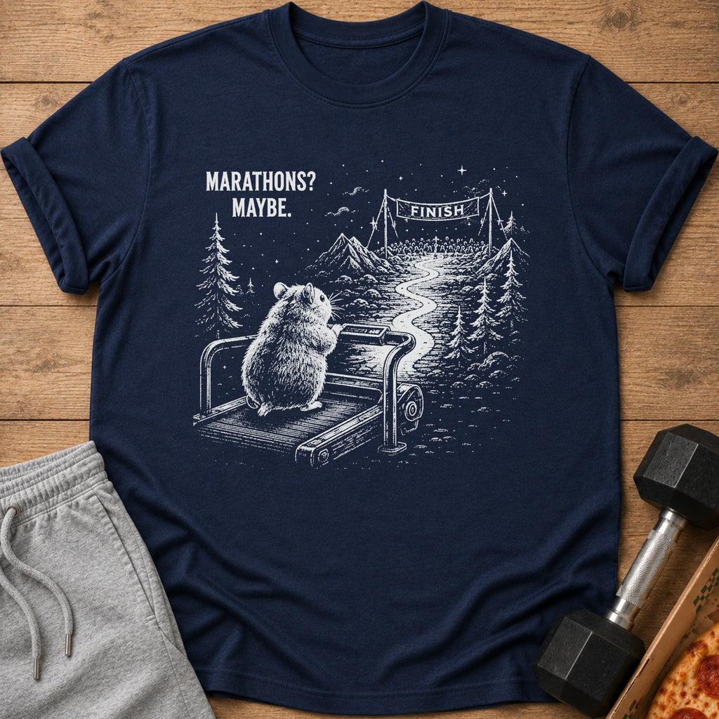 Navy t-shirt with white graphic of hamster on treadmill, mountains, and finish line.