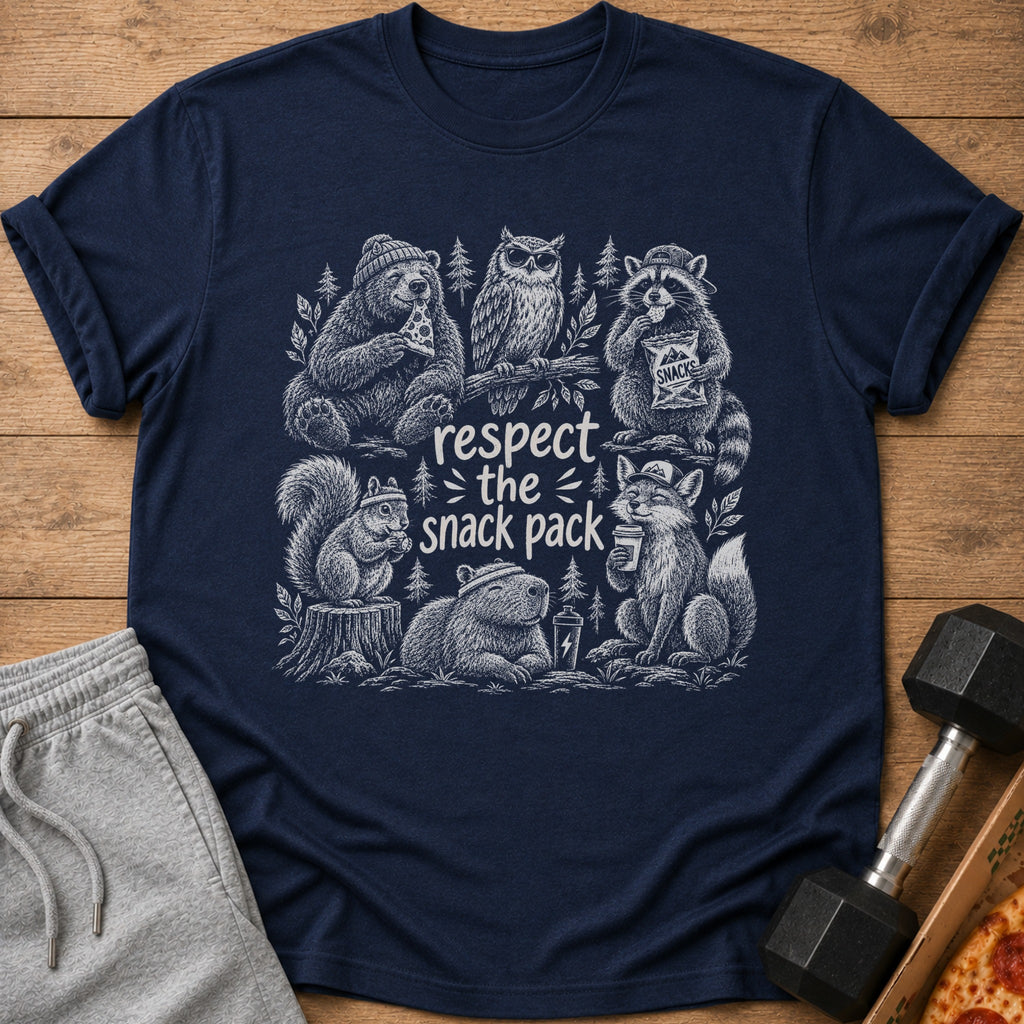 Navy t-shirt with "respect the snack pack" and woodland animals illustration.