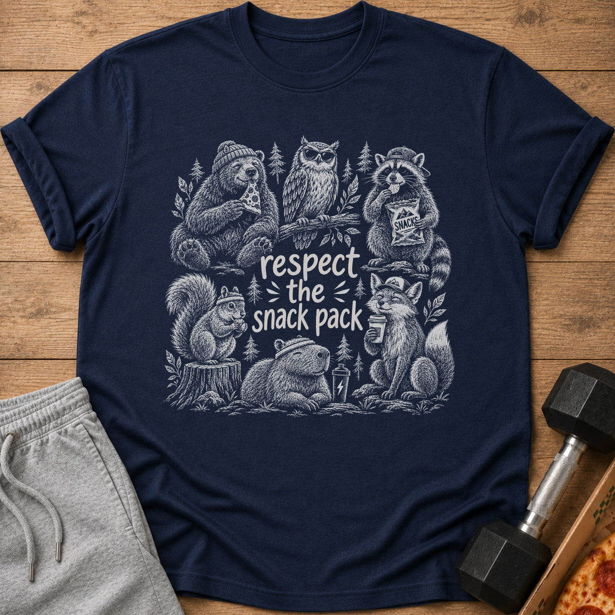 Navy t-shirt with "respect the snack pack" and woodland animals illustration.