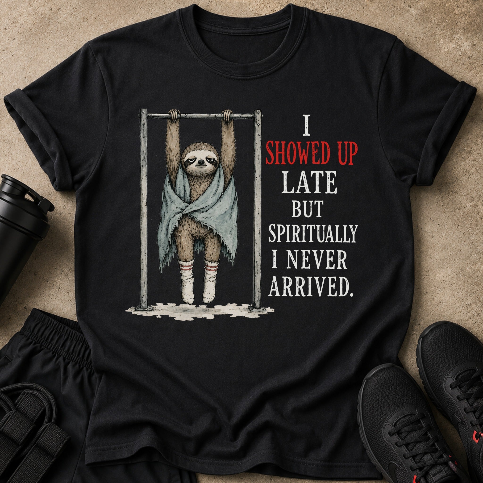 Black t-shirt with a sloth on a pull-up bar and the text "I showed up late but spiritually I never arrived."