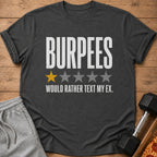 Dark gray t-shirt with "BURPEES" and one yellow star rating.
