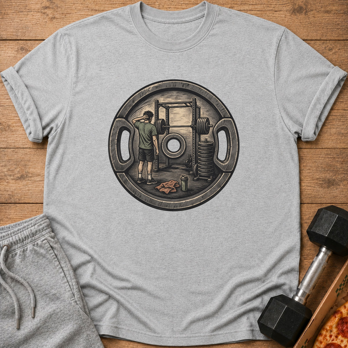 T-shirt with graphic of man at squat rack inside a weight plate.