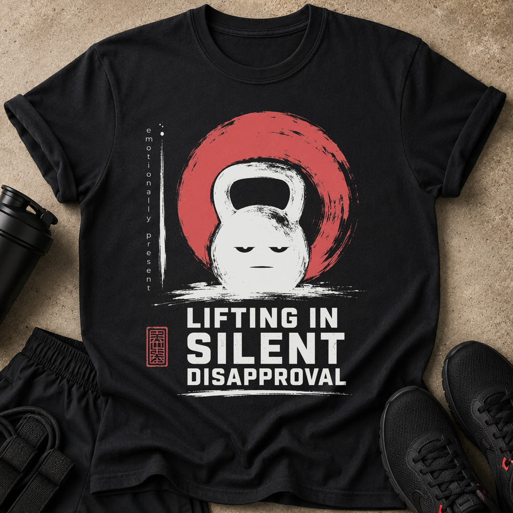 Black t-shirt with kettlebell graphic and text "LIFTING IN SILENT DISAPPROVAL"