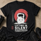 Black t-shirt with kettlebell graphic and text "LIFTING IN SILENT DISAPPROVAL"