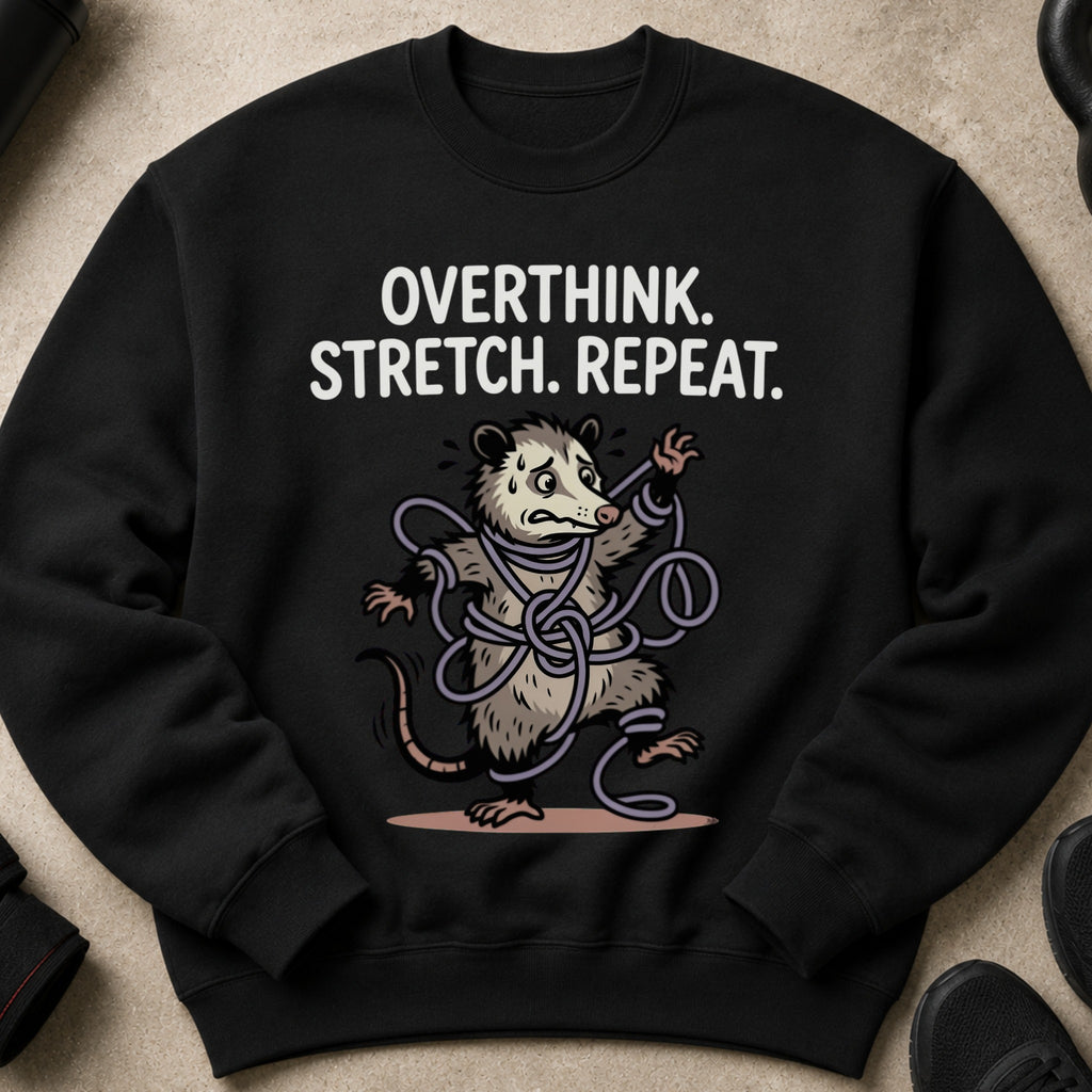 Black sweatshirt with "OVERTHINK. STRETCH. REPEAT." and a tangled opossum graphic.