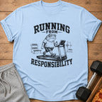 Light blue t-shirt with a frog on a treadmill, text reads "Running From Responsibility".
