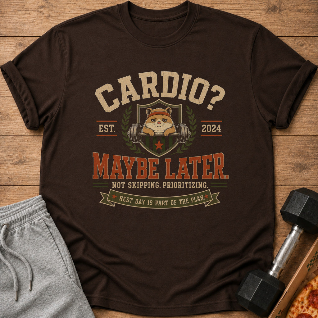 Brown t-shirt with "Cardio? Maybe Later" text, a hamster lifting weights, and fitness slogans.