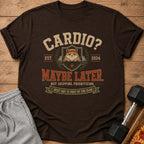 Brown t-shirt with "Cardio? Maybe Later" text, a hamster lifting weights, and fitness slogans.