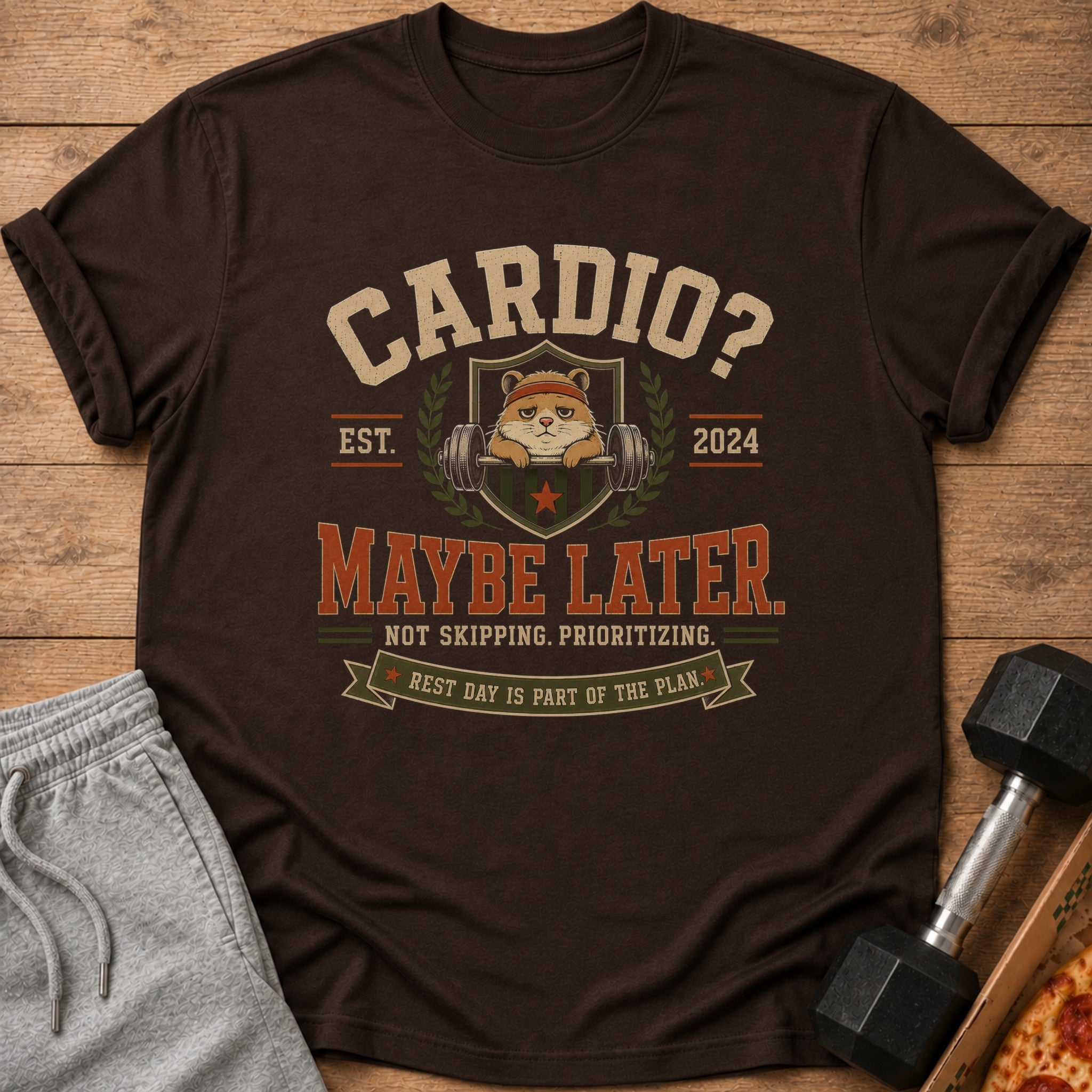 Brown t-shirt with "Cardio? Maybe Later" text, a hamster lifting weights, and fitness slogans.