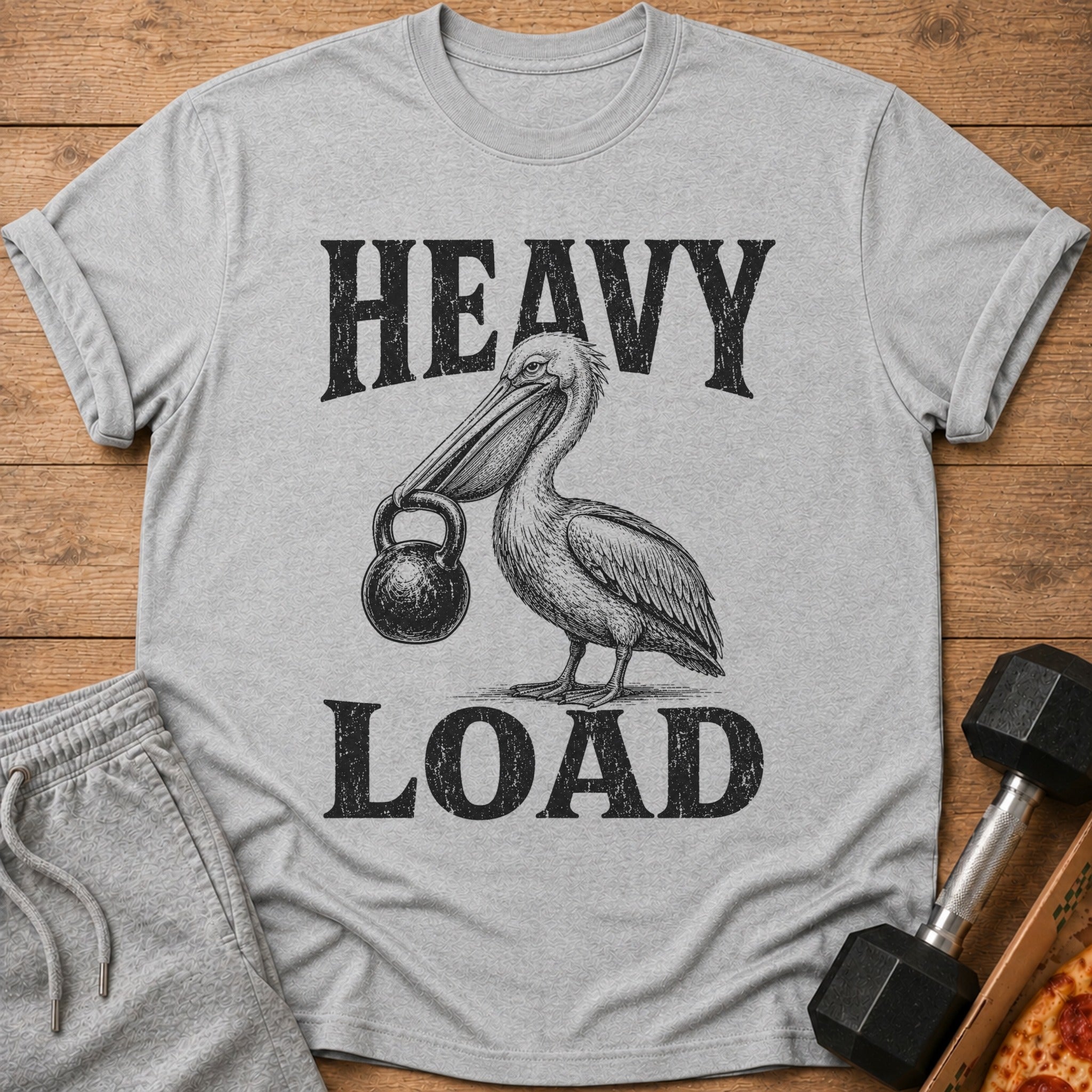 Grey t-shirt with pelican holding a kettlebell, text "HEAVY LOAD".