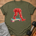 Green t-shirt with cartoon red jelly legs working out on a step platform.