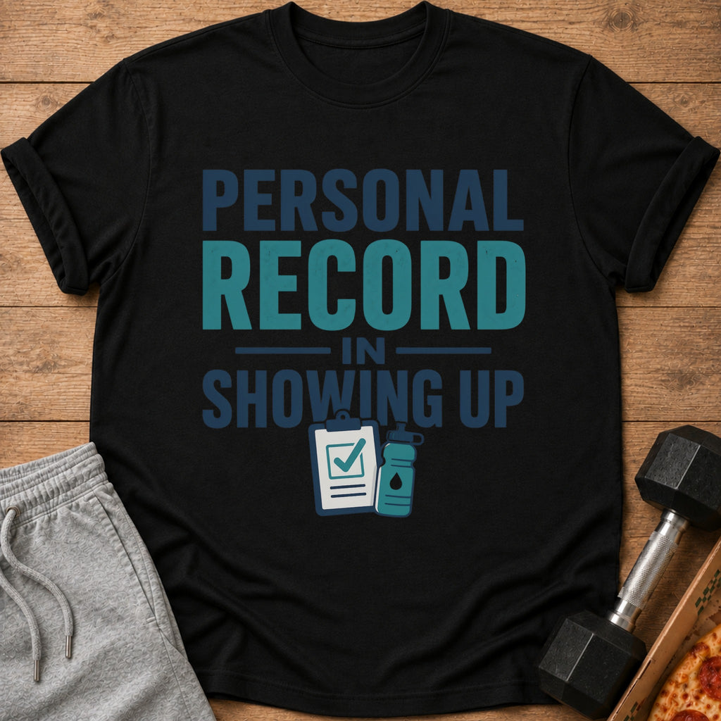 Black t-shirt with "Personal Record In Showing Up" text and gym icons.