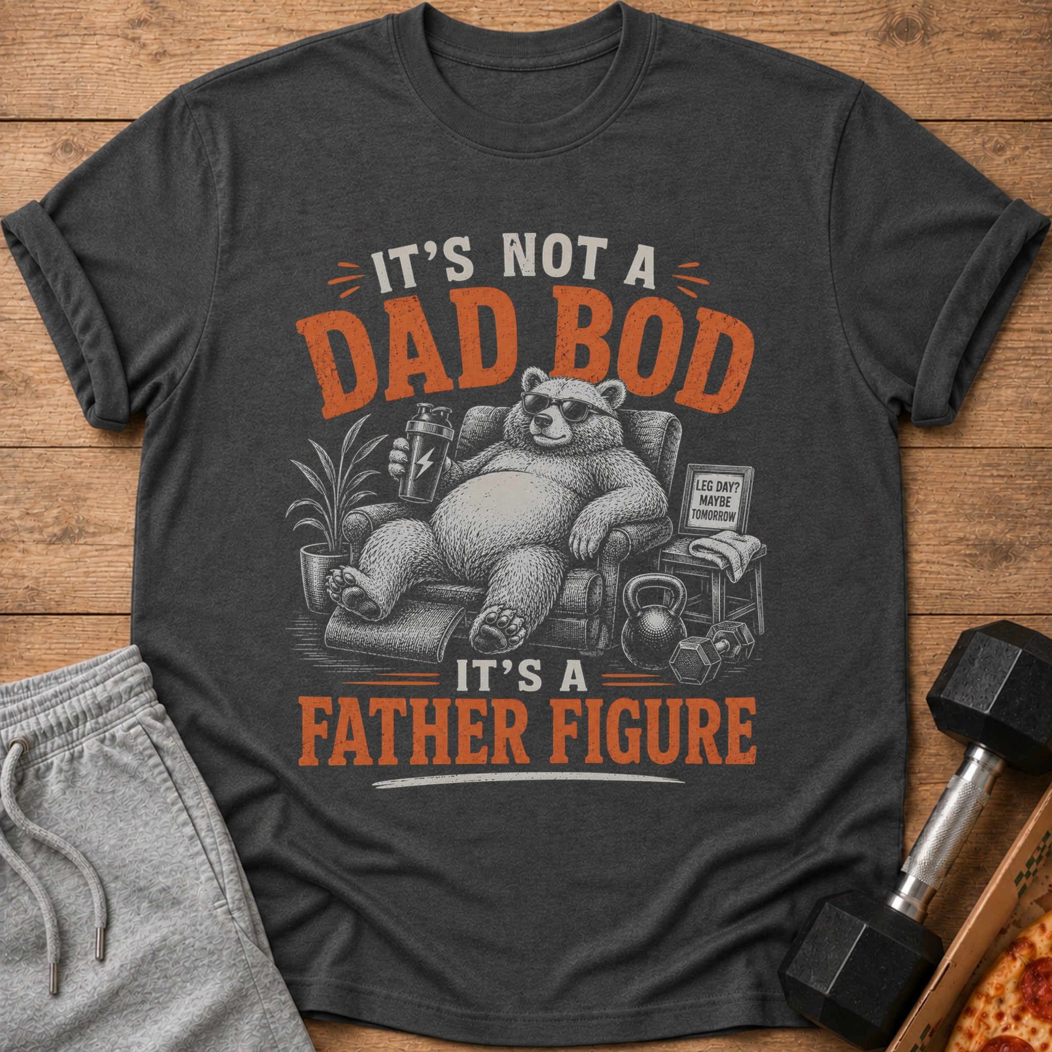 Bear relaxing in chair with drink, text "It's not a dad bod, it's a father figure."