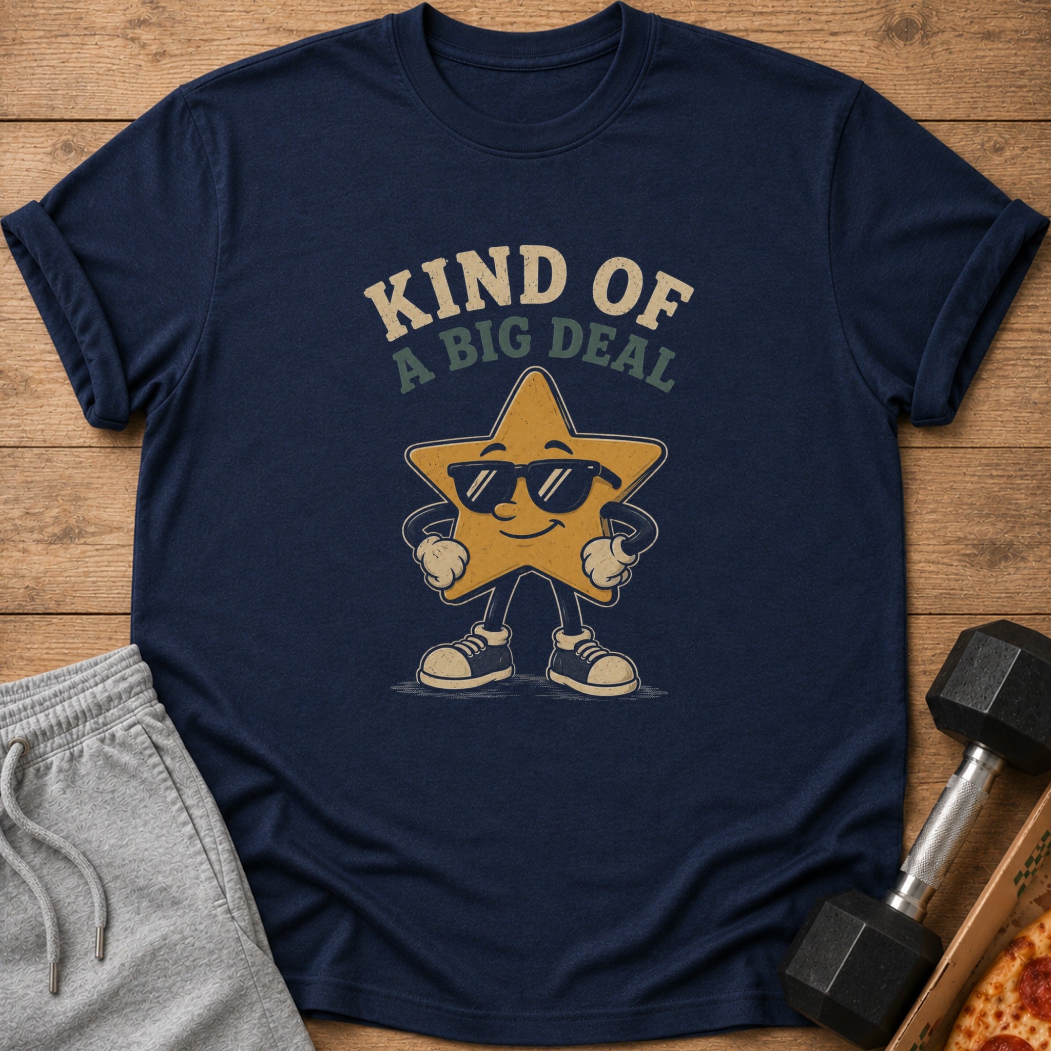 Navy t-shirt with a cartoon star wearing sunglasses, saying "Kind of a Big Deal."