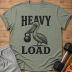 T-shirt with a pelican holding a kettlebell and the text "Heavy Load".