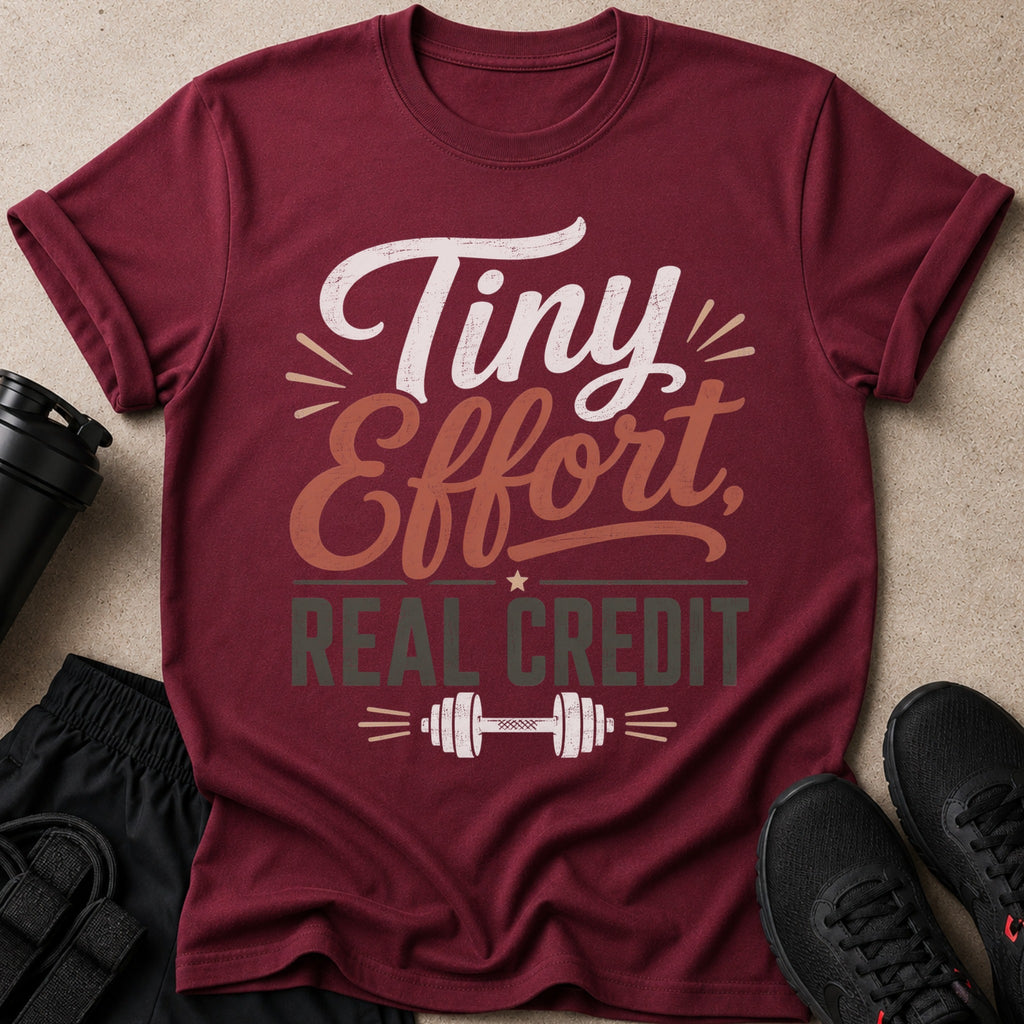 Maroon t-shirt with "Tiny Effort, REAL CREDIT" text and a dumbbell graphic.