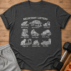 Dark grey t-shirt with "Reluctant Lifters" text and drawings of animals in workout scenarios.
