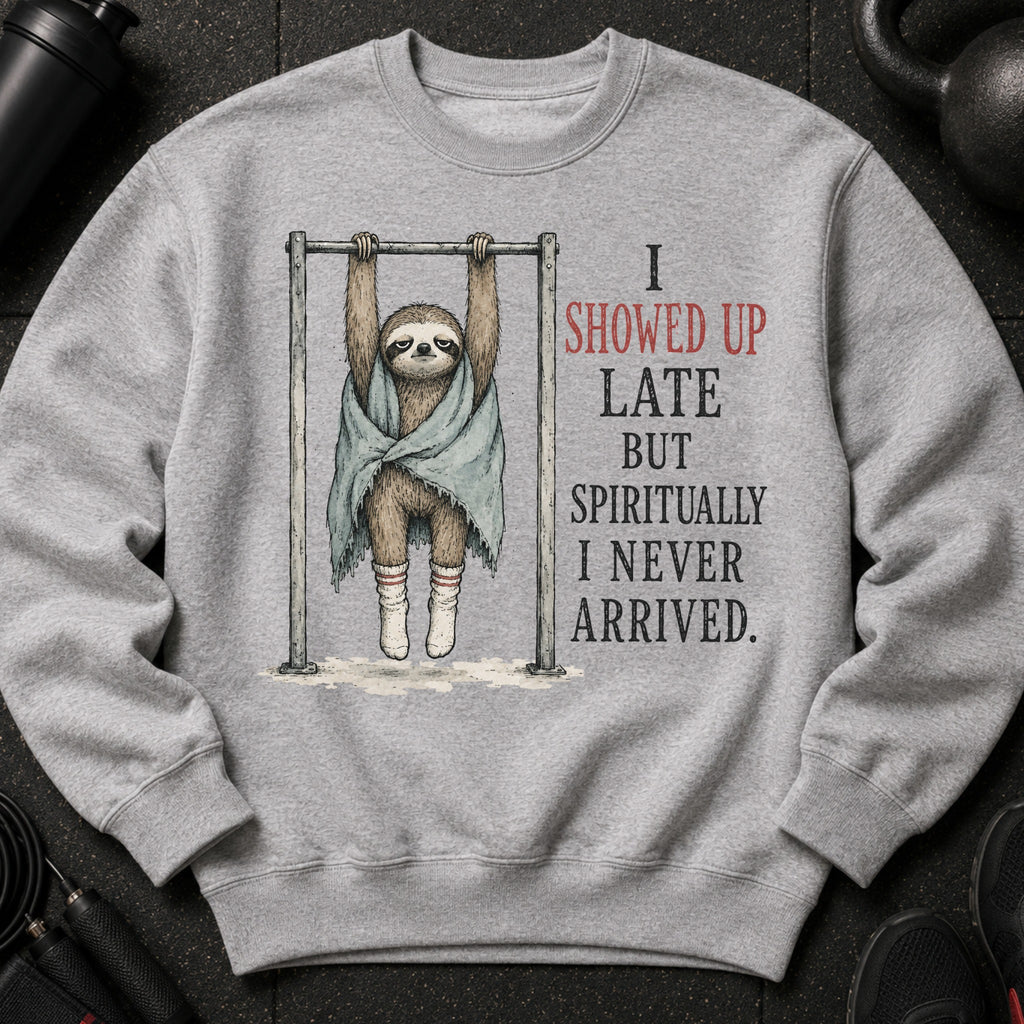 Gray sweatshirt with sloth graphic and text: "I SHOWED UP LATE BUT SPIRITUALLY I NEVER ARRIVED."