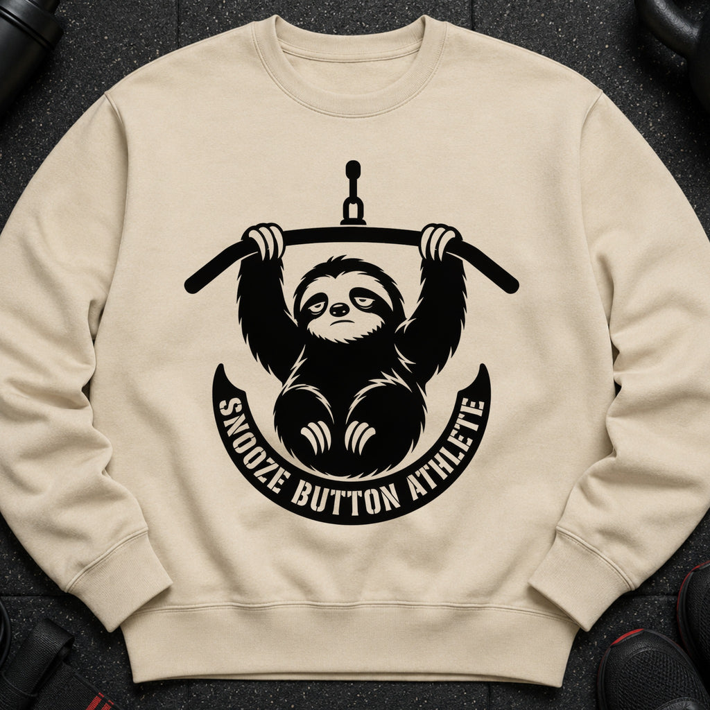 Crewneck sweatshirt with a black graphic of a sloth holding a barbell and the text "Snooze Button Athlete."