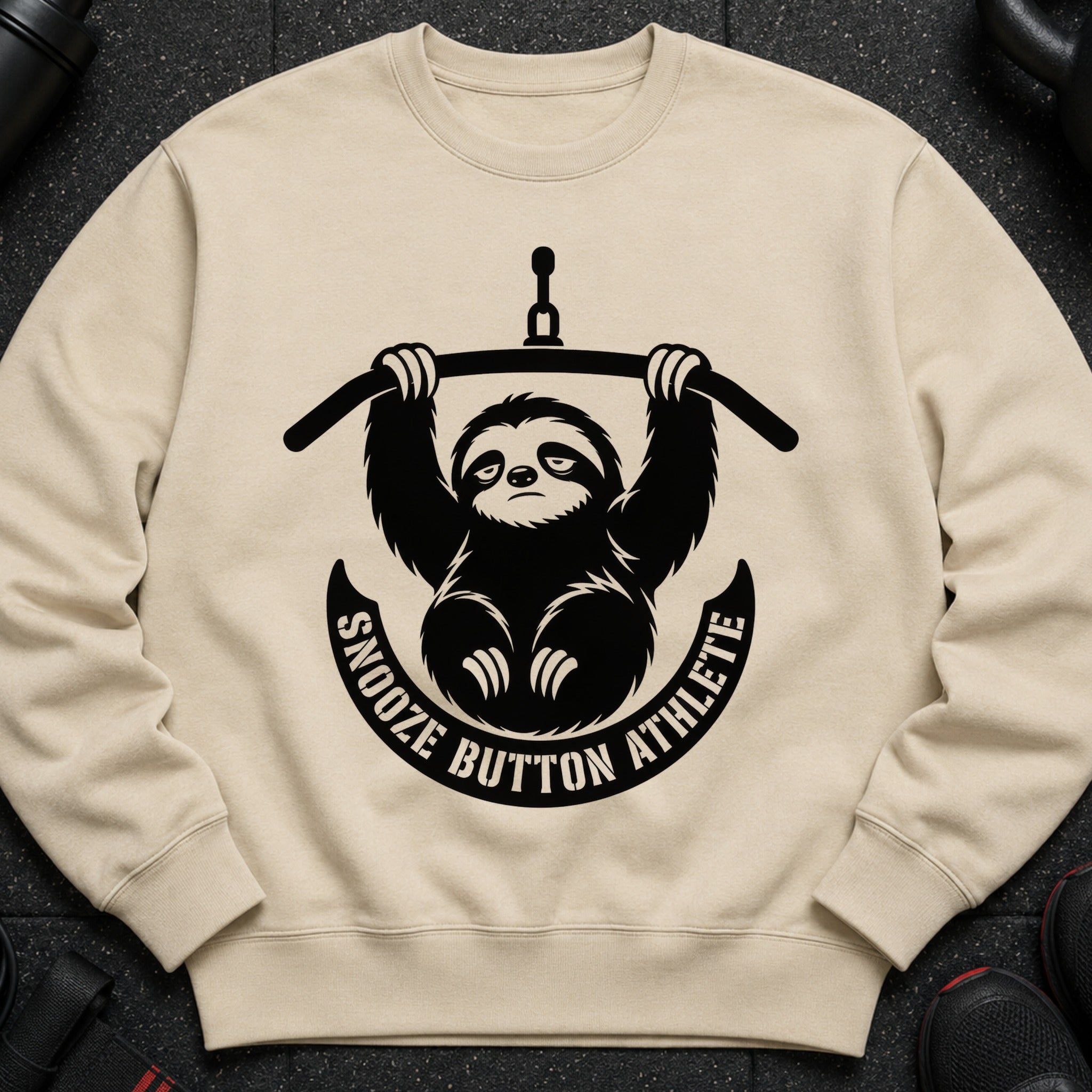 Crewneck sweatshirt with a black graphic of a sloth holding a barbell and the text "Snooze Button Athlete."