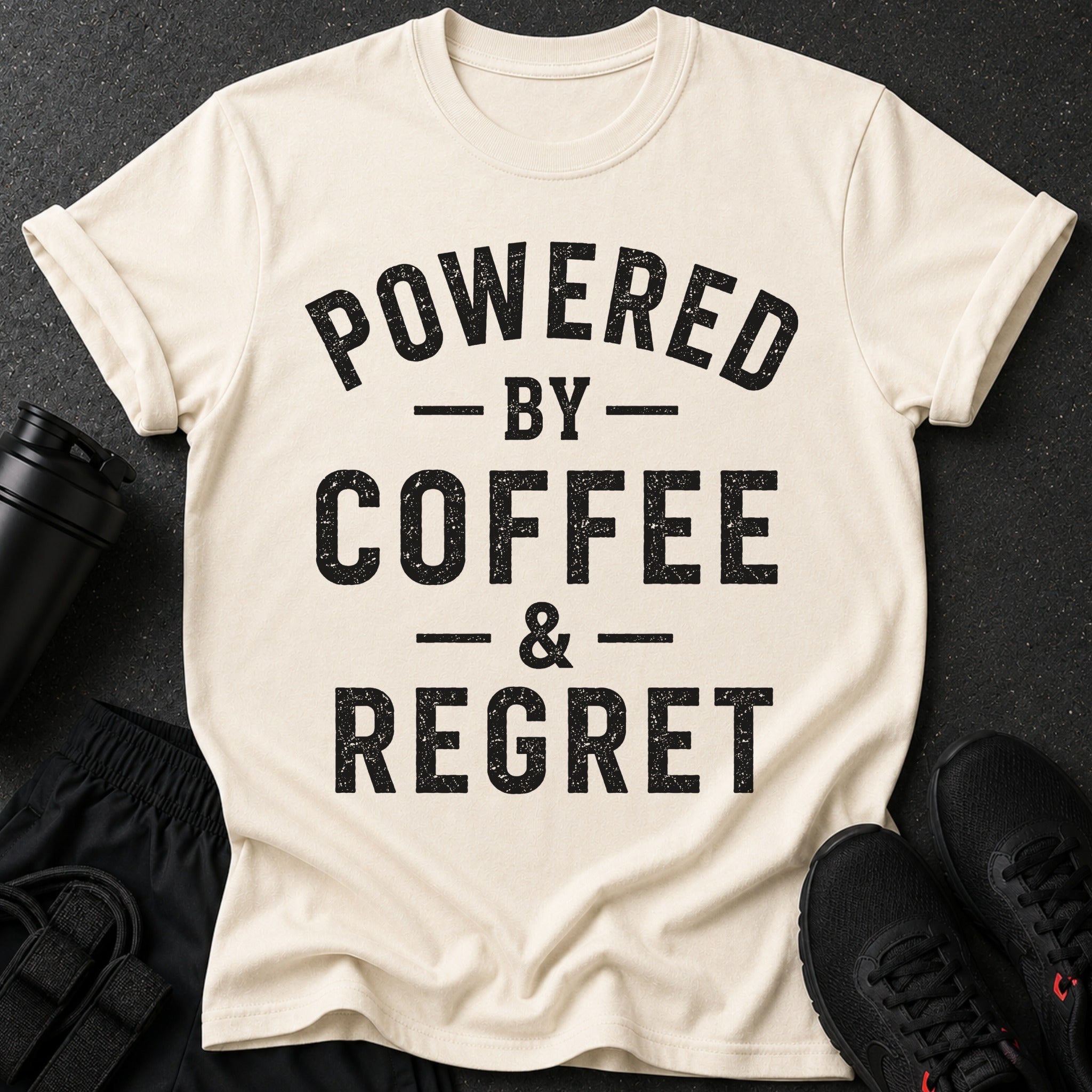 Cream t-shirt with black text "POWERED BY COFFEE & REGRET"