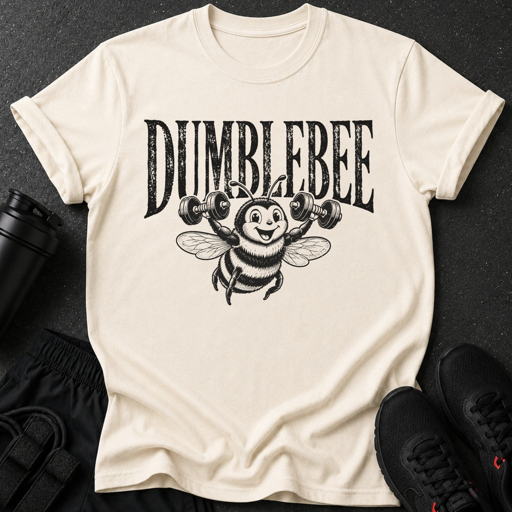 Cream t-shirt with "DUMBEE" and a cartoon bee lifting dumbbells.