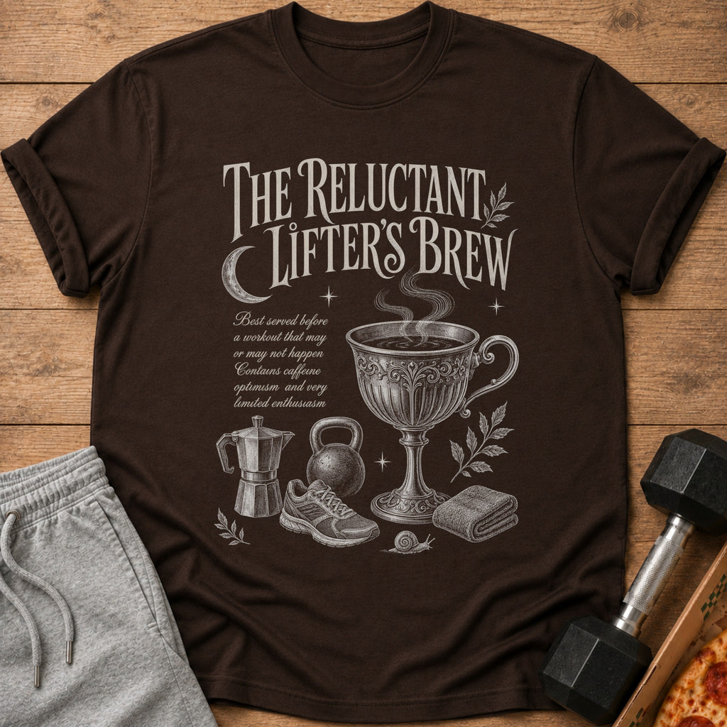 Brown t-shirt with "The Reluctant Lifter's Brew" text and gym imagery.