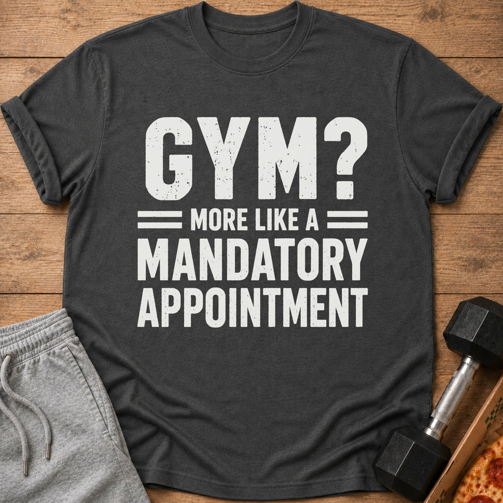Dark t-shirt with white text: "GYM? MORE LIKE A MANDATORY APPOINTMENT."