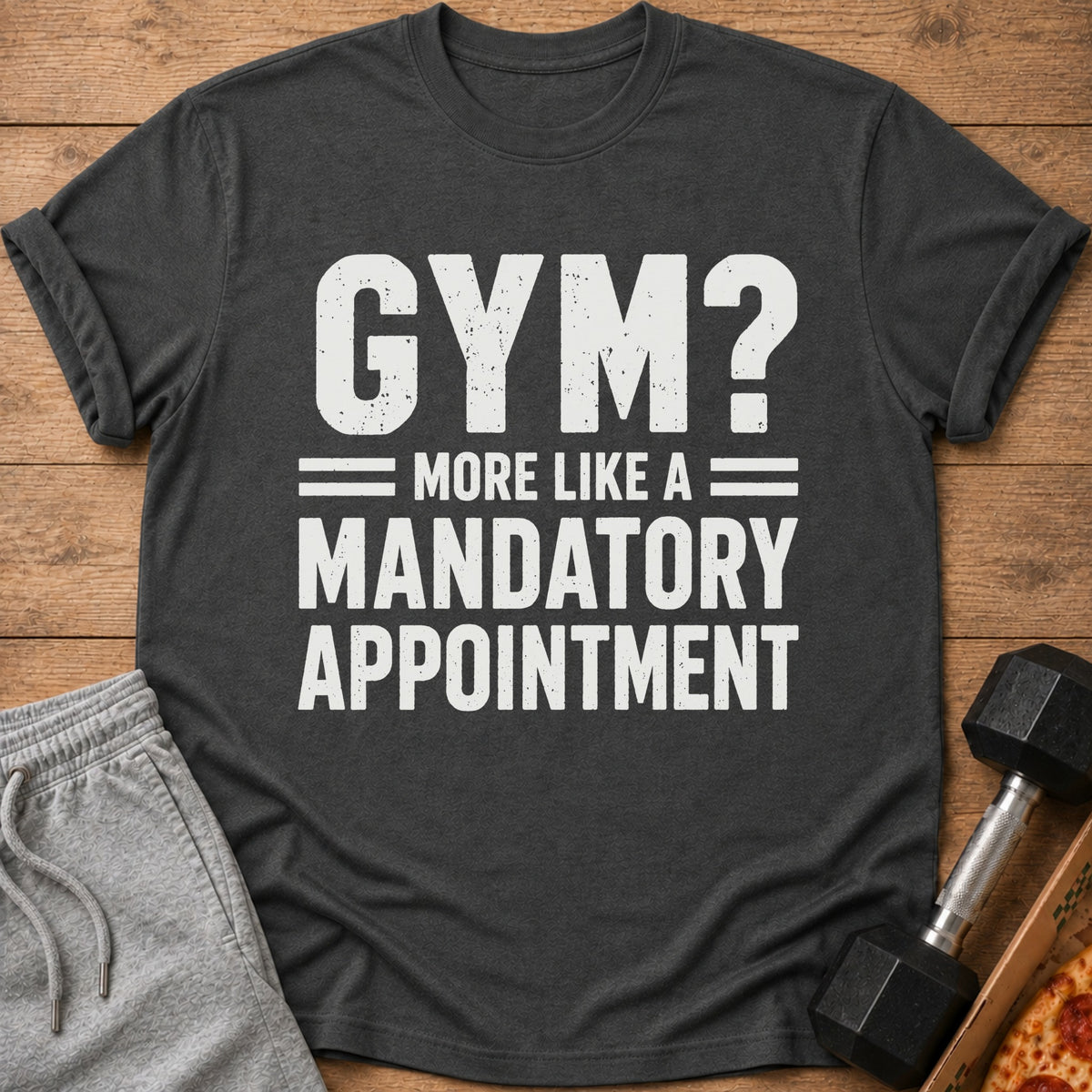 Dark t-shirt with white text: "GYM? MORE LIKE A MANDATORY APPOINTMENT."