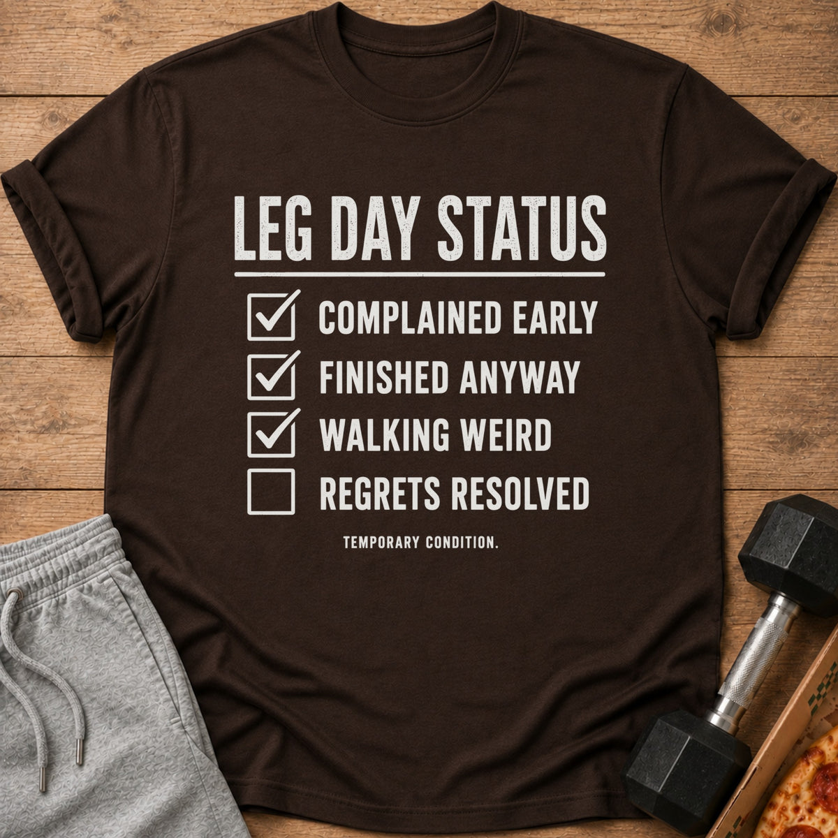 Brown t-shirt with "Leg Day Status" checklist and "Temporary Condition." text.