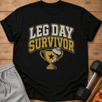 Black t-shirt with "LEG DAY SURVIVOR" text and a trophy graphic.