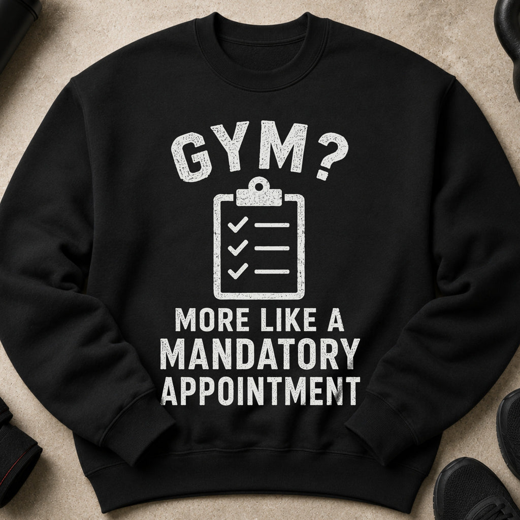 Black sweatshirt with white text: GYM? MORE LIKE A MANDATORY APPOINTMENT.