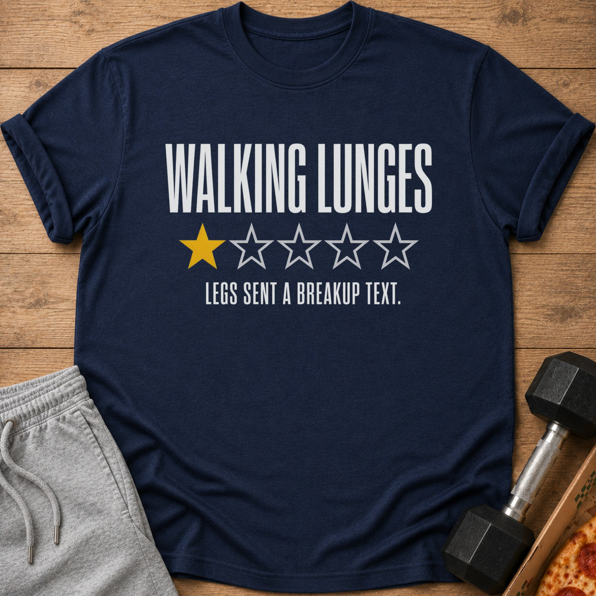 Navy t-shirt with "Walking Lunges" and one star rating.