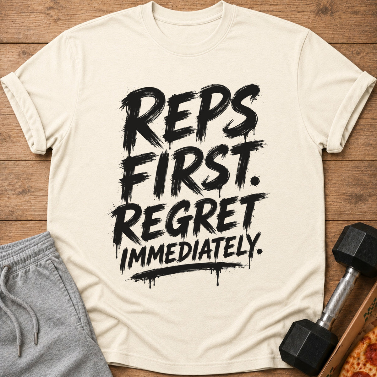 Cream t-shirt with black text: "REPS FIRST. REGRET IMMEDIATELY."