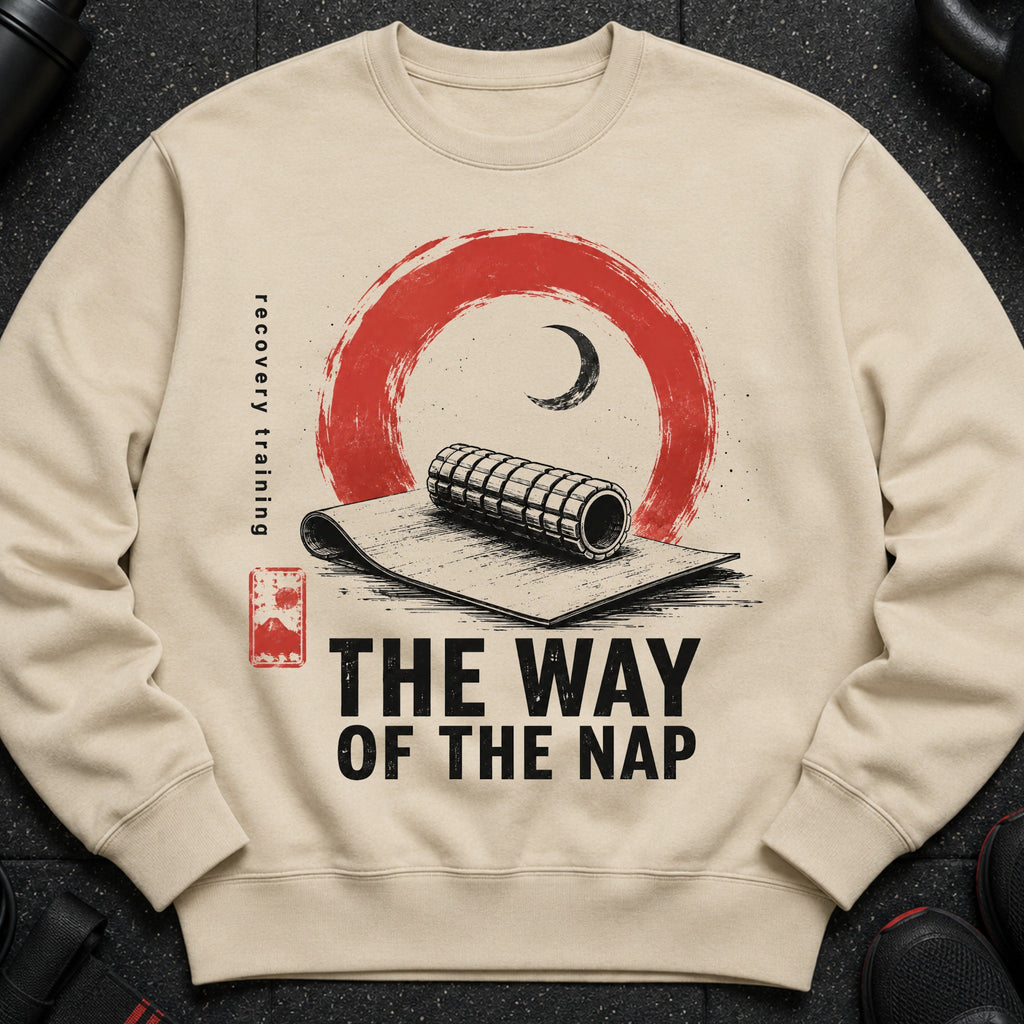 Cream sweatshirt with "The Way of the Nap" graphic and "recovery training" text.