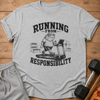 Frog on treadmill with bottle, text "Running From Responsibility".