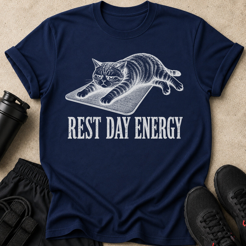 Navy t-shirt with sketch of a cat and text "REST DAY ENERGY".