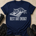 Navy t-shirt with sketch of a cat and text "REST DAY ENERGY".