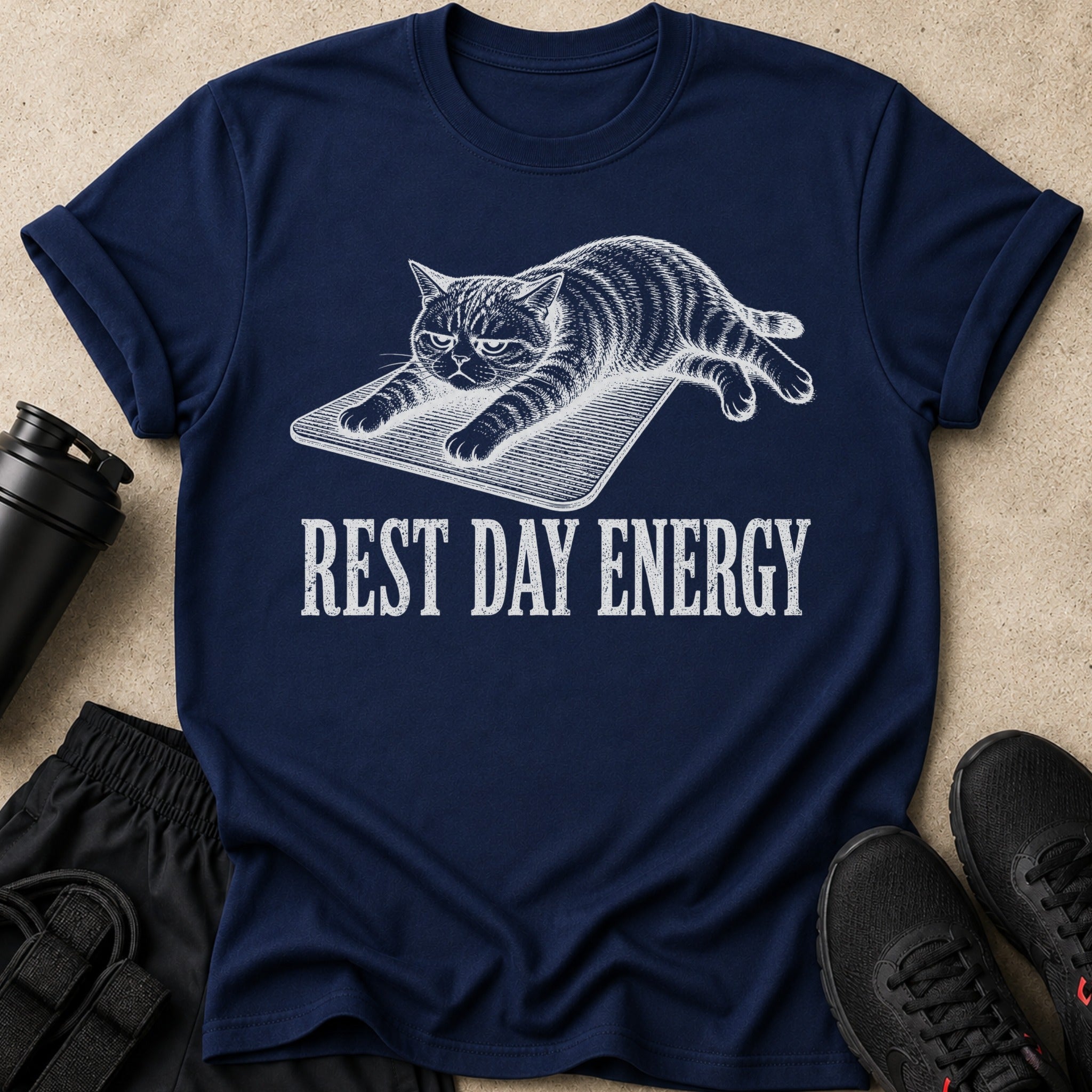Navy t-shirt with sketch of a cat and text "REST DAY ENERGY".