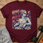 Maroon t-shirt with "Venus de Mild-lo" text and athletic Venus statue graphic.