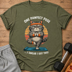 T-shirt with a grumpy cat doing a yoga pose, text reads "ONE PAWFECT POSE".