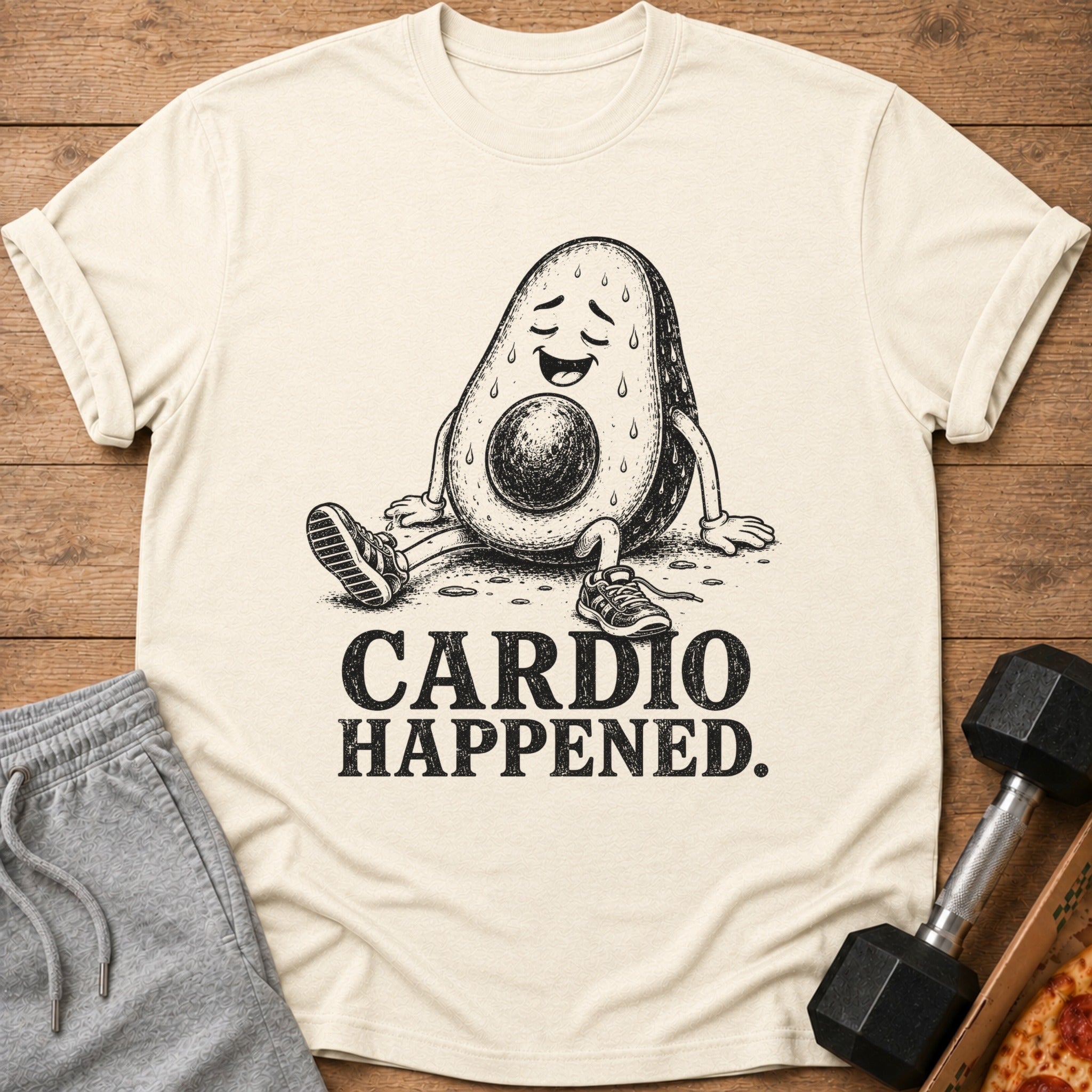 Cream t-shirt with distressed avocado graphic and text "CARDIO HAPPENED."