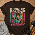 Running on reps and patience graphic with a tired woman holding weights and a shaker.