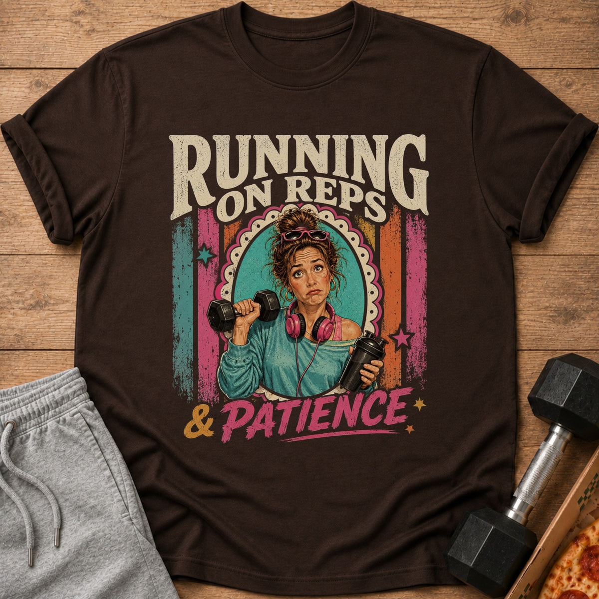Running on reps and patience graphic with a tired woman holding weights and a shaker.